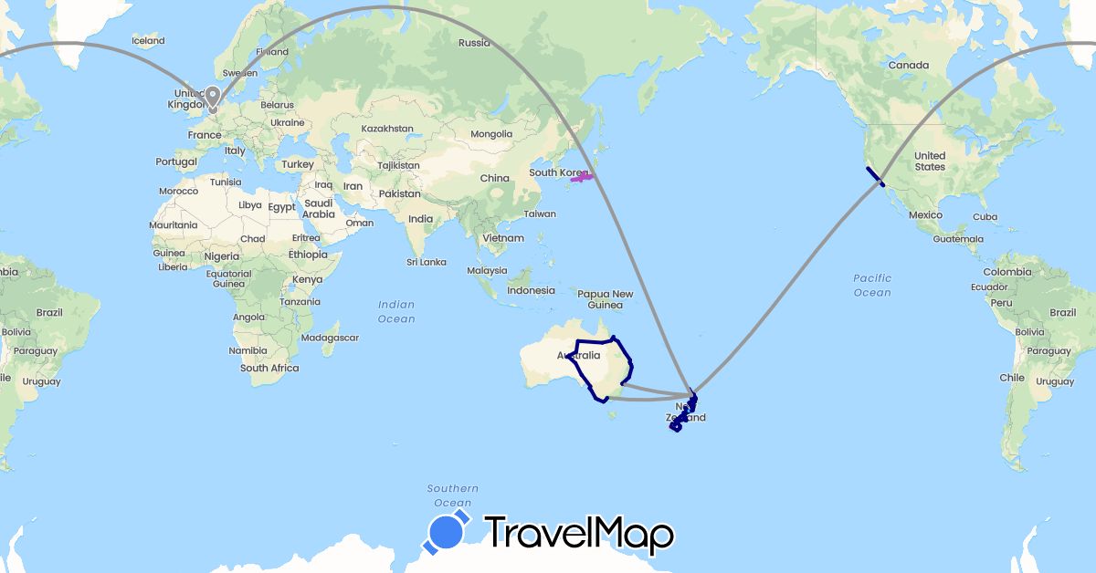 TravelMap itinerary: driving, bus, plane, cycling, train, hiking, boat in Australia, Japan, Netherlands, New Zealand, United States (Asia, Europe, North America, Oceania)