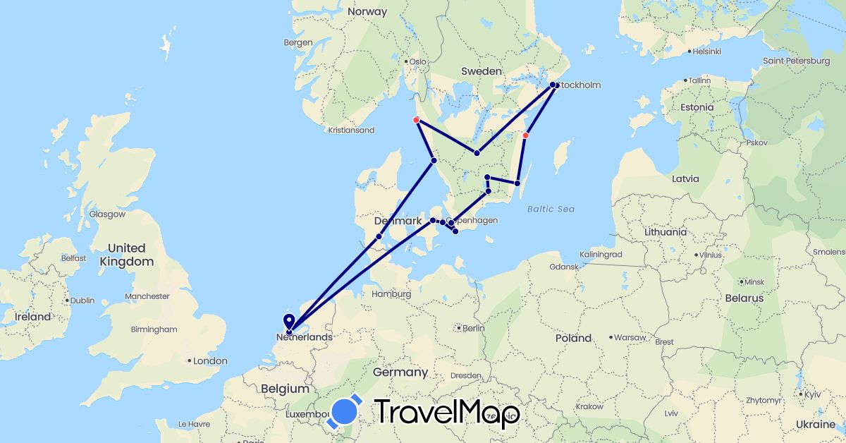 TravelMap itinerary: driving, hiking in Denmark, Netherlands, Sweden (Europe)
